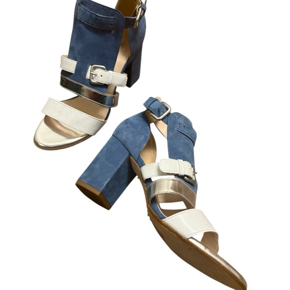 Peter Kaiser NWT 7.5 Elegant Blue and White Heels silver toes gladiator suede - Picture 1 of 14